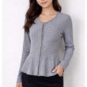 Theory Gray Knit Peplum Zip Jacket Stretch Minimalist Office Petite S